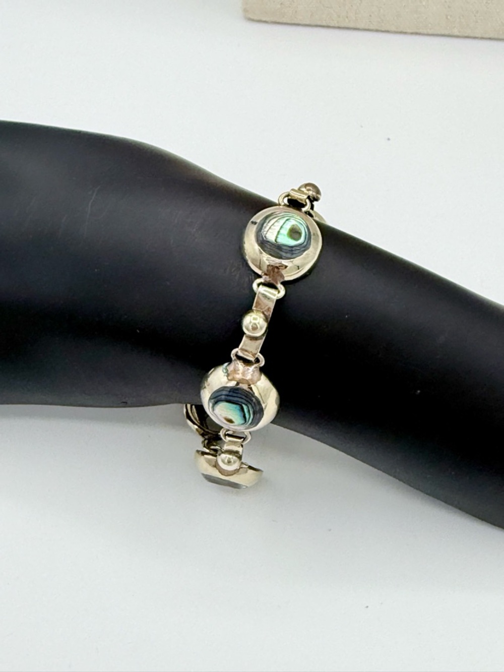 Vintage Mexico Alpaca Silver‎ Abalone Shell Round Link Toggle Bracelet 7”